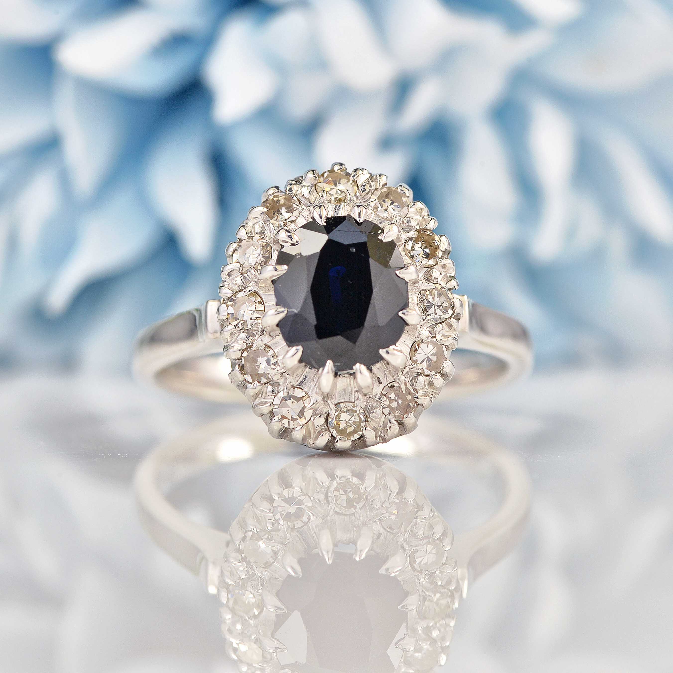 Ellibelle Jewellery Vintage Sapphire & Diamond 18ct White Gold Cluster Ring