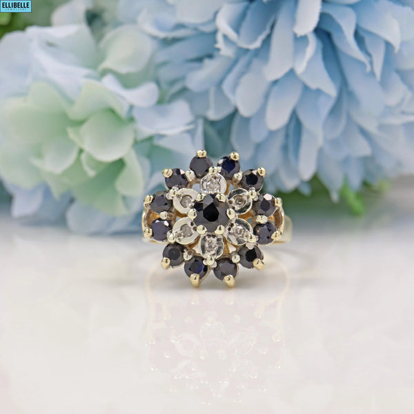 VINTAGE SAPPHIRE & DIAMOND 9CT GOLD CLUSTER DRESS RING