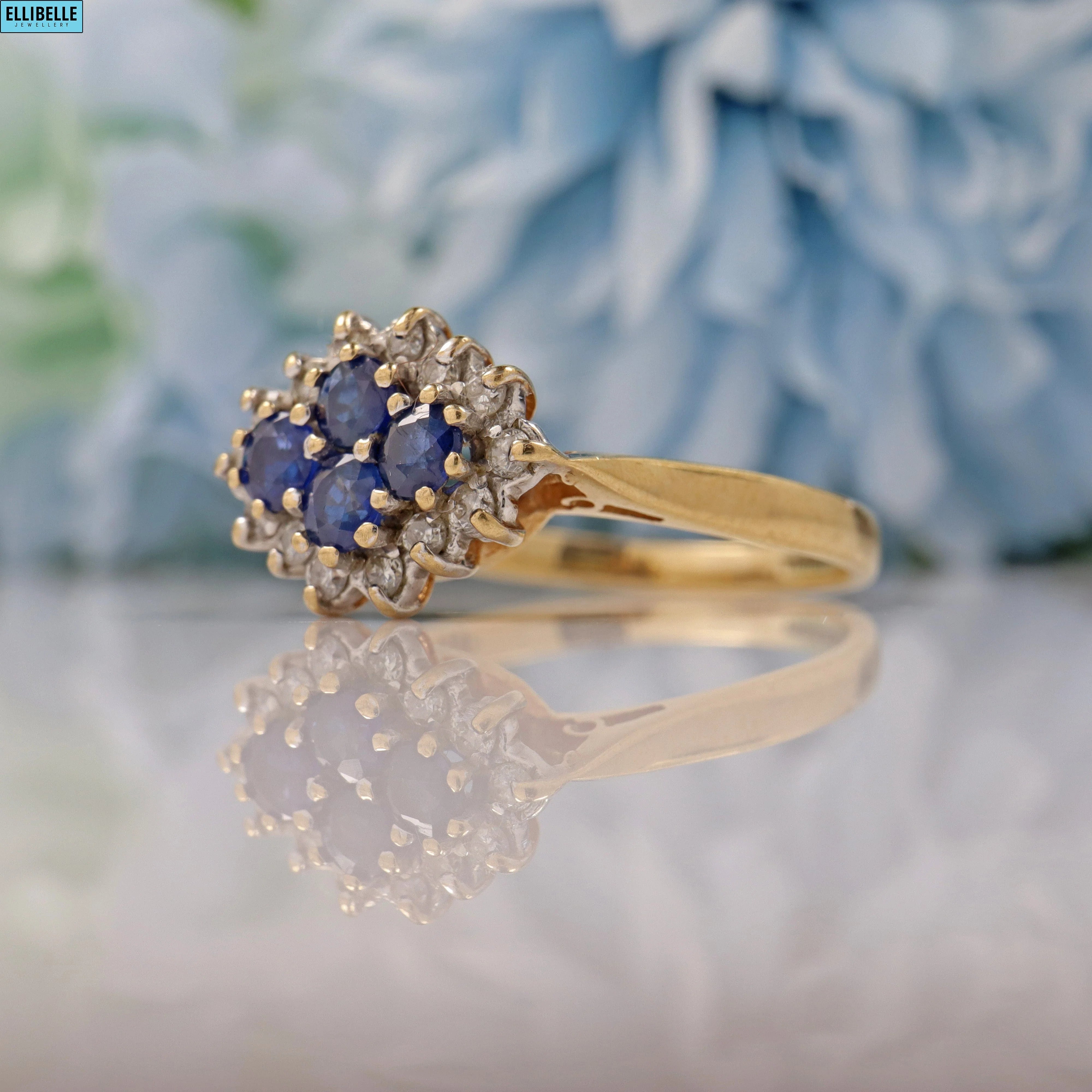 Ellibelle Jewellery VINTAGE SAPPHIRE & DIAMOND 9CT GOLD CLUSTER RING