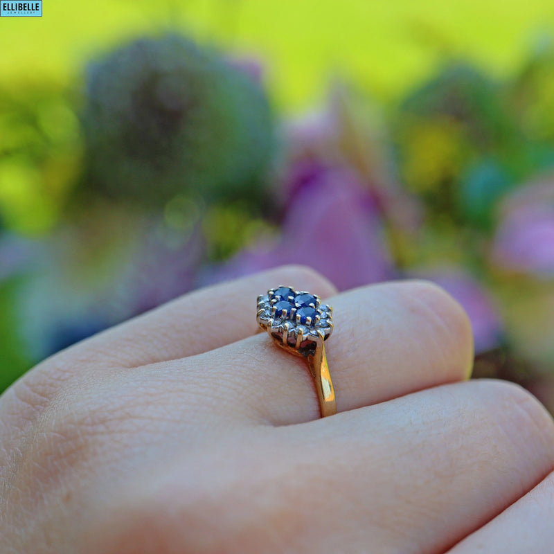 Ellibelle Jewellery VINTAGE SAPPHIRE & DIAMOND 9CT GOLD CLUSTER RING