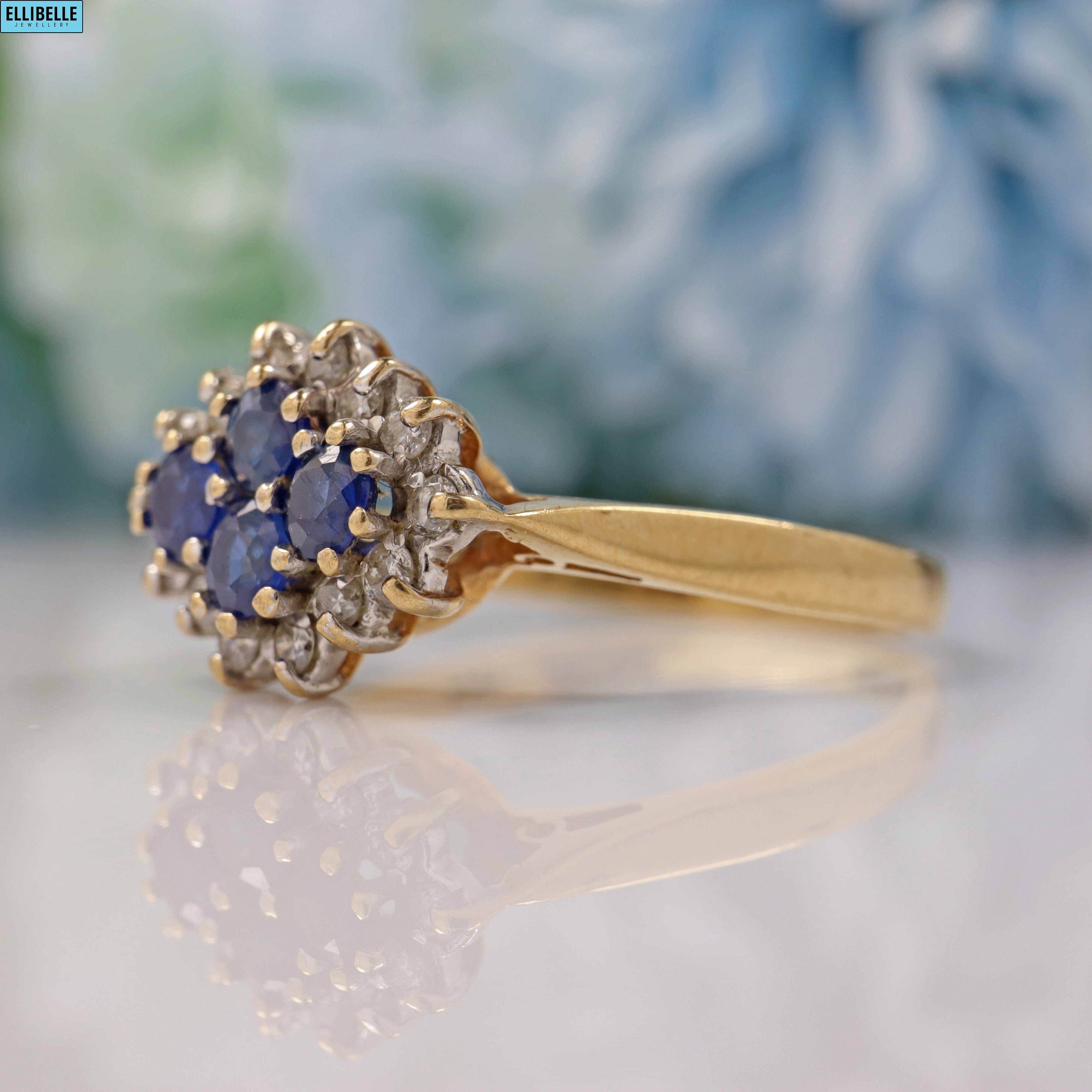 Ellibelle Jewellery VINTAGE SAPPHIRE & DIAMOND 9CT GOLD CLUSTER RING