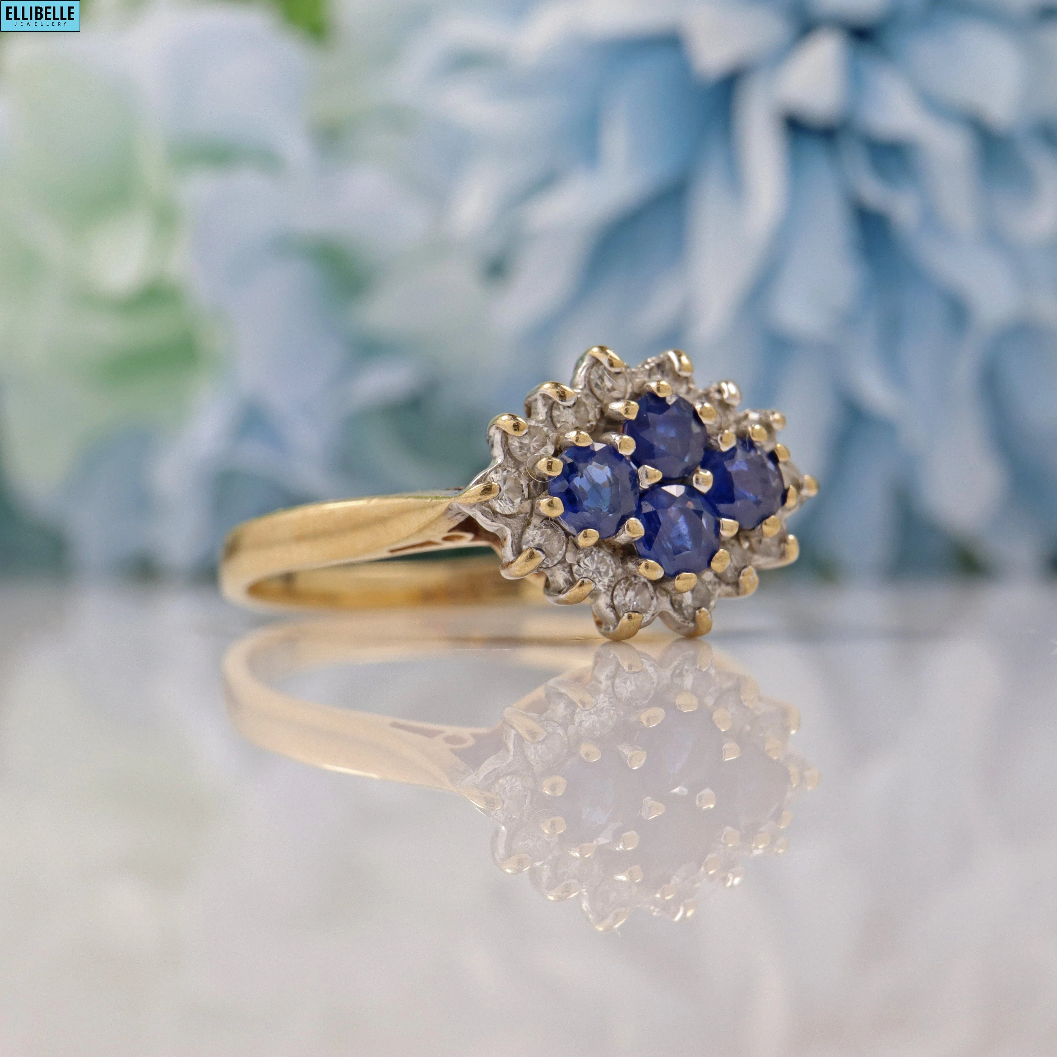 Ellibelle Jewellery VINTAGE SAPPHIRE & DIAMOND 9CT GOLD CLUSTER RING