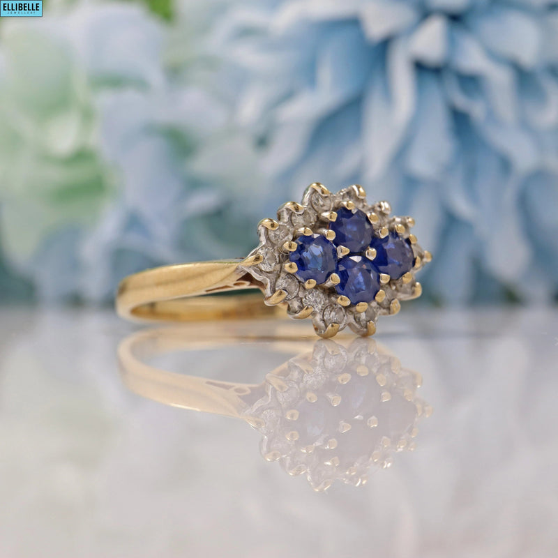 Ellibelle Jewellery VINTAGE SAPPHIRE & DIAMOND 9CT GOLD CLUSTER RING