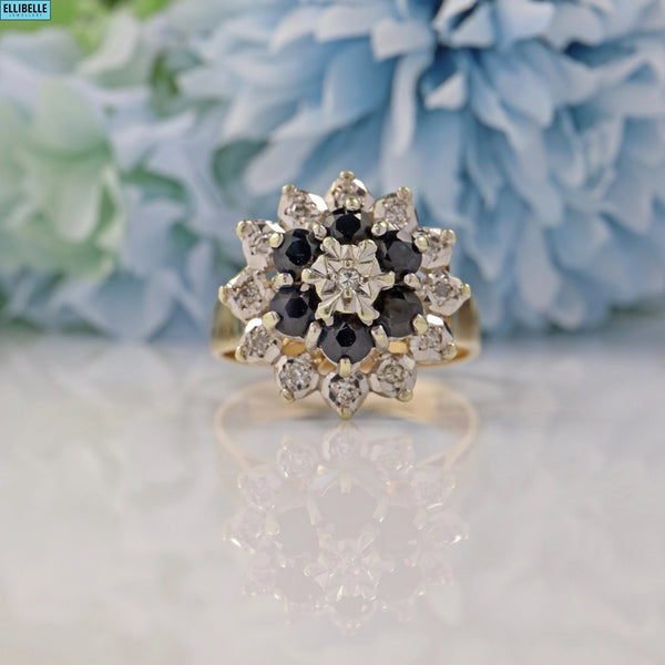 Ellibelle Jewellery VINTAGE SAPPHIRE & DIAMOND 9CT GOLD COCKTAIL RING