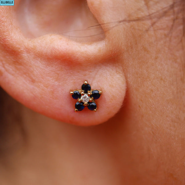 VINTAGE SAPPHIRE & DIAMOND 9CT GOLD DAISY STUD EARRINGS