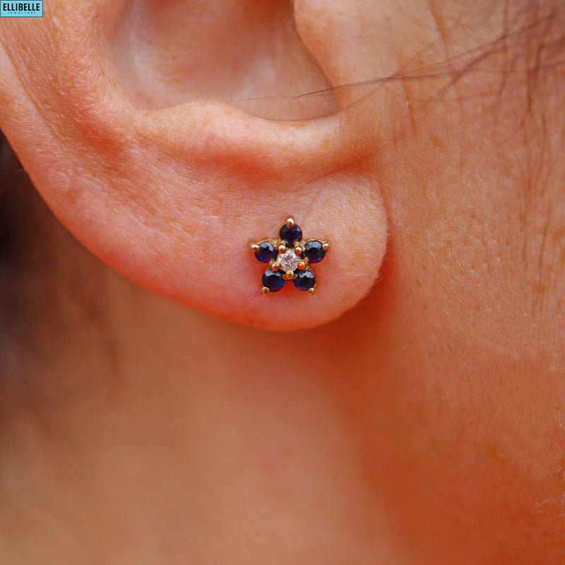 VINTAGE SAPPHIRE & DIAMOND 9CT GOLD DAISY STUD EARRINGS