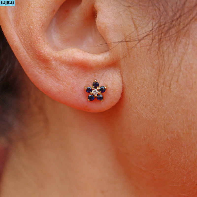 VINTAGE SAPPHIRE & DIAMOND 9CT GOLD DAISY STUD EARRINGS