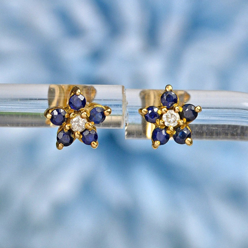 Ellibelle Jewellery VINTAGE SAPPHIRE & DIAMOND 9CT GOLD DAISY STUD EARRINGS