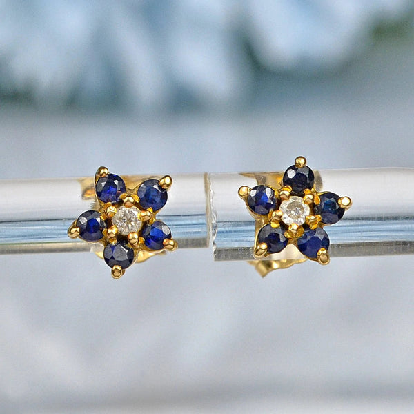Ellibelle Jewellery VINTAGE SAPPHIRE & DIAMOND 9CT GOLD DAISY STUD EARRINGS