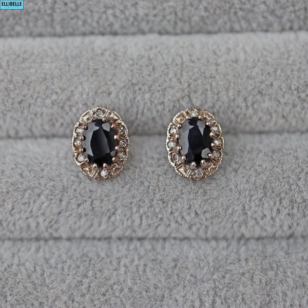 Ellibelle Jewellery VINTAGE SAPPHIRE & DIAMOND 9CT GOLD HALO STUD EARRINGS