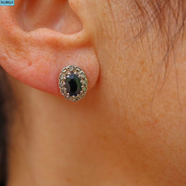 Ellibelle Jewellery VINTAGE SAPPHIRE & DIAMOND 9CT GOLD HALO STUD EARRINGS