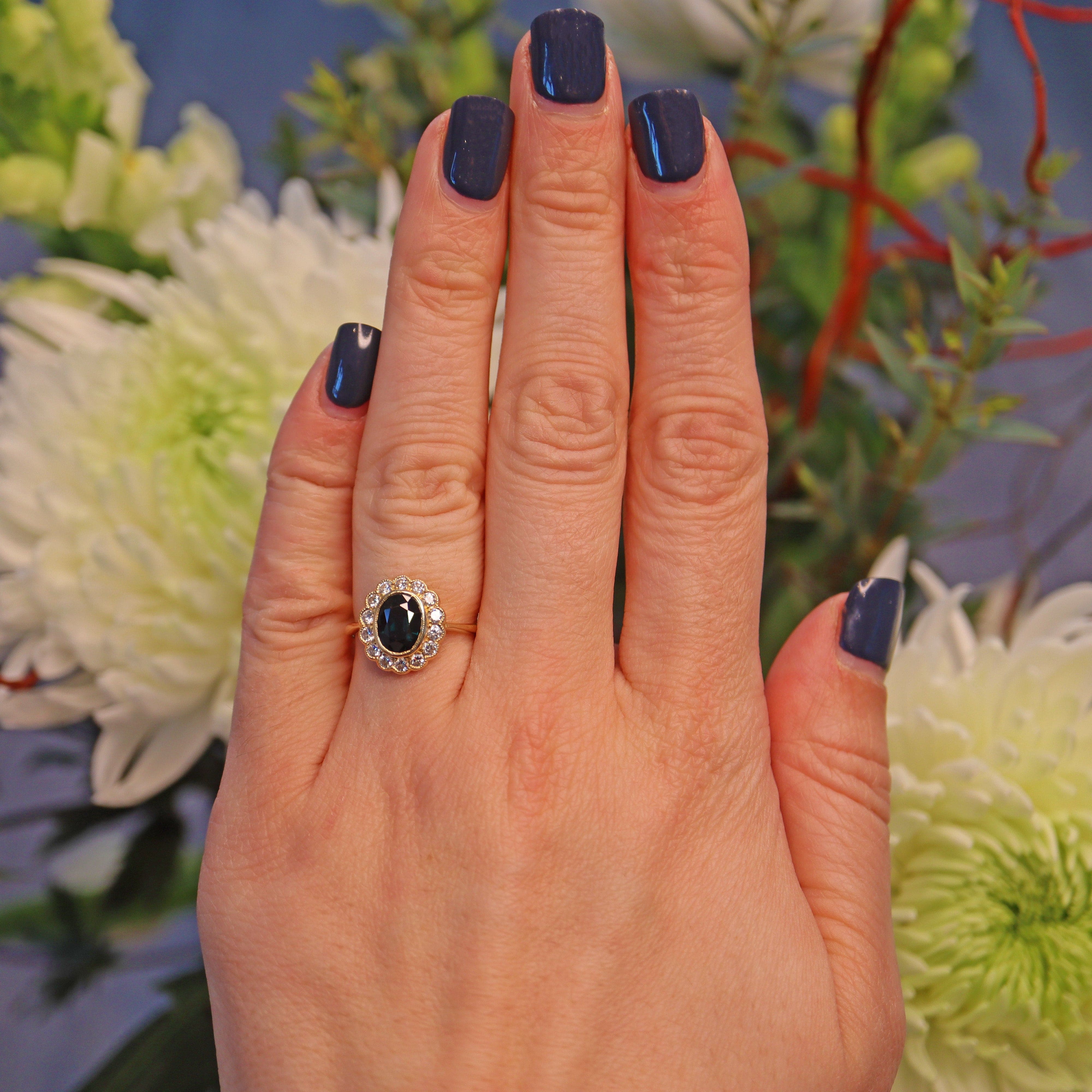 Ellibelle Jewellery VINTAGE SAPPHIRE & DIAMOND BEZEL CLUSTER RING