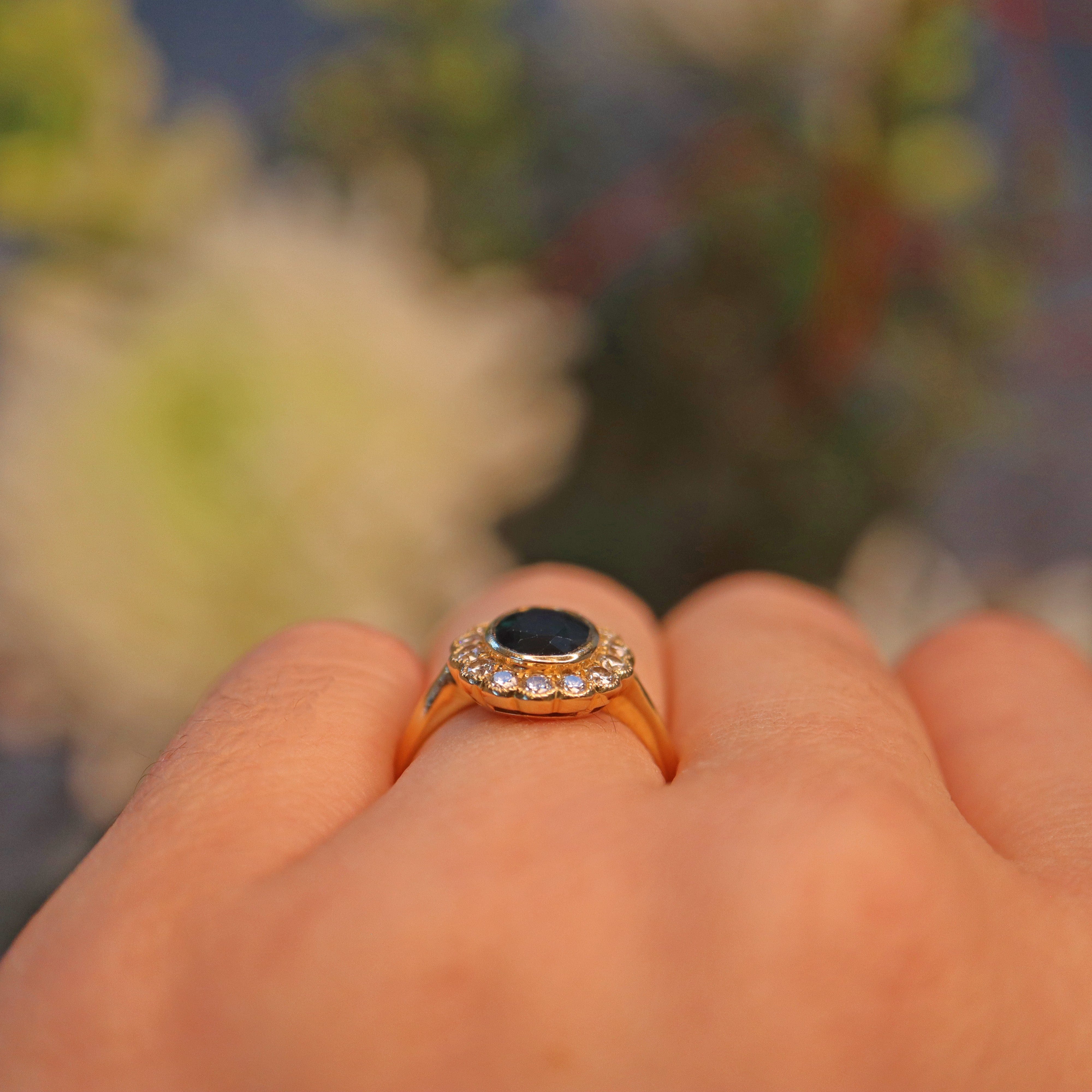 Ellibelle Jewellery VINTAGE SAPPHIRE & DIAMOND BEZEL CLUSTER RING