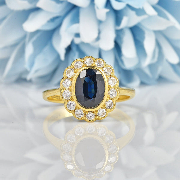 Ellibelle Jewellery VINTAGE SAPPHIRE & DIAMOND BEZEL CLUSTER RING