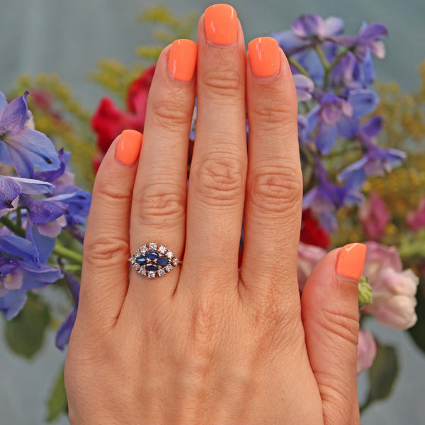 Ellibelle Jewellery Vintage Sapphire & Diamond Boat-Shaped Cluster Ring