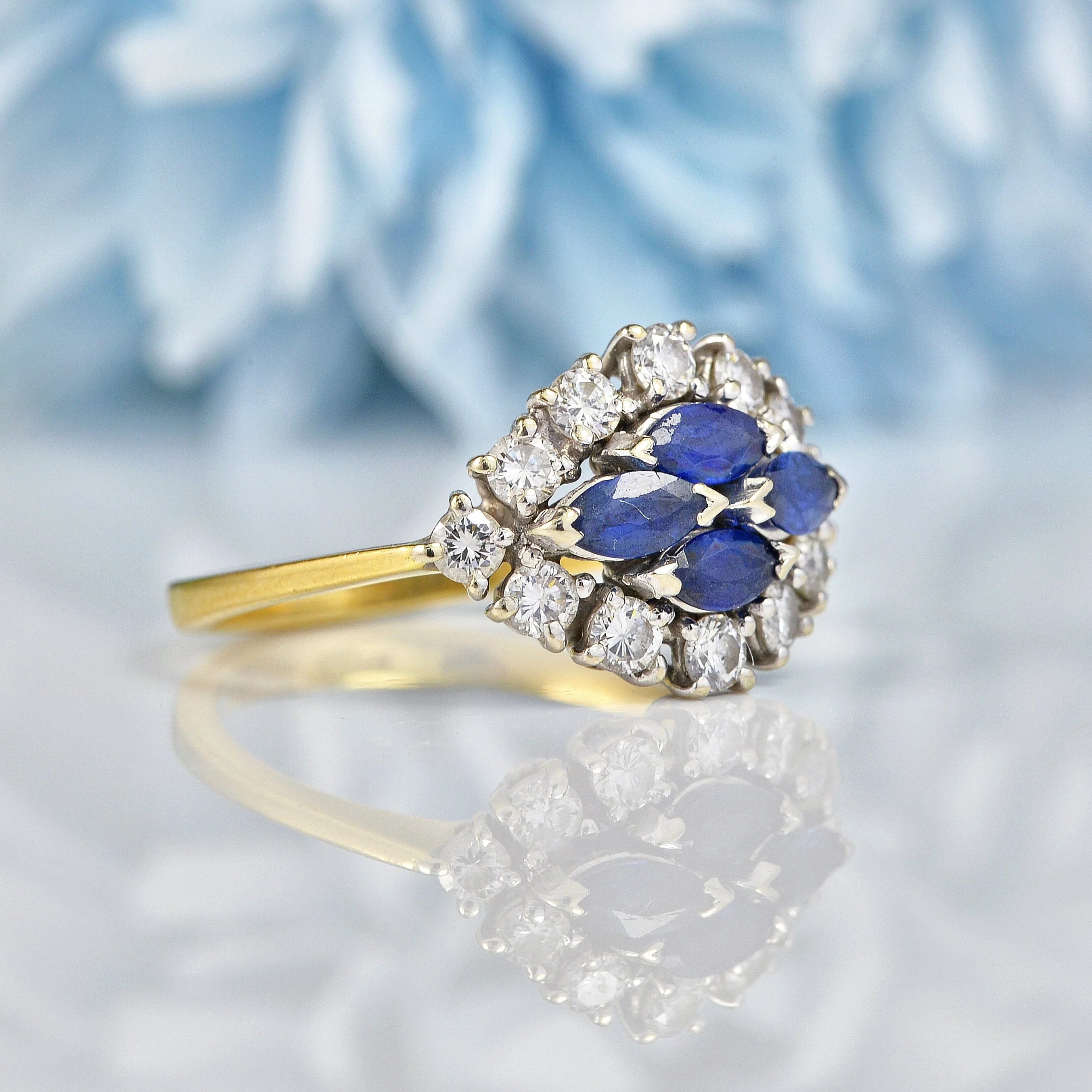 Ellibelle Jewellery Vintage Sapphire & Diamond Boat-Shaped Cluster Ring