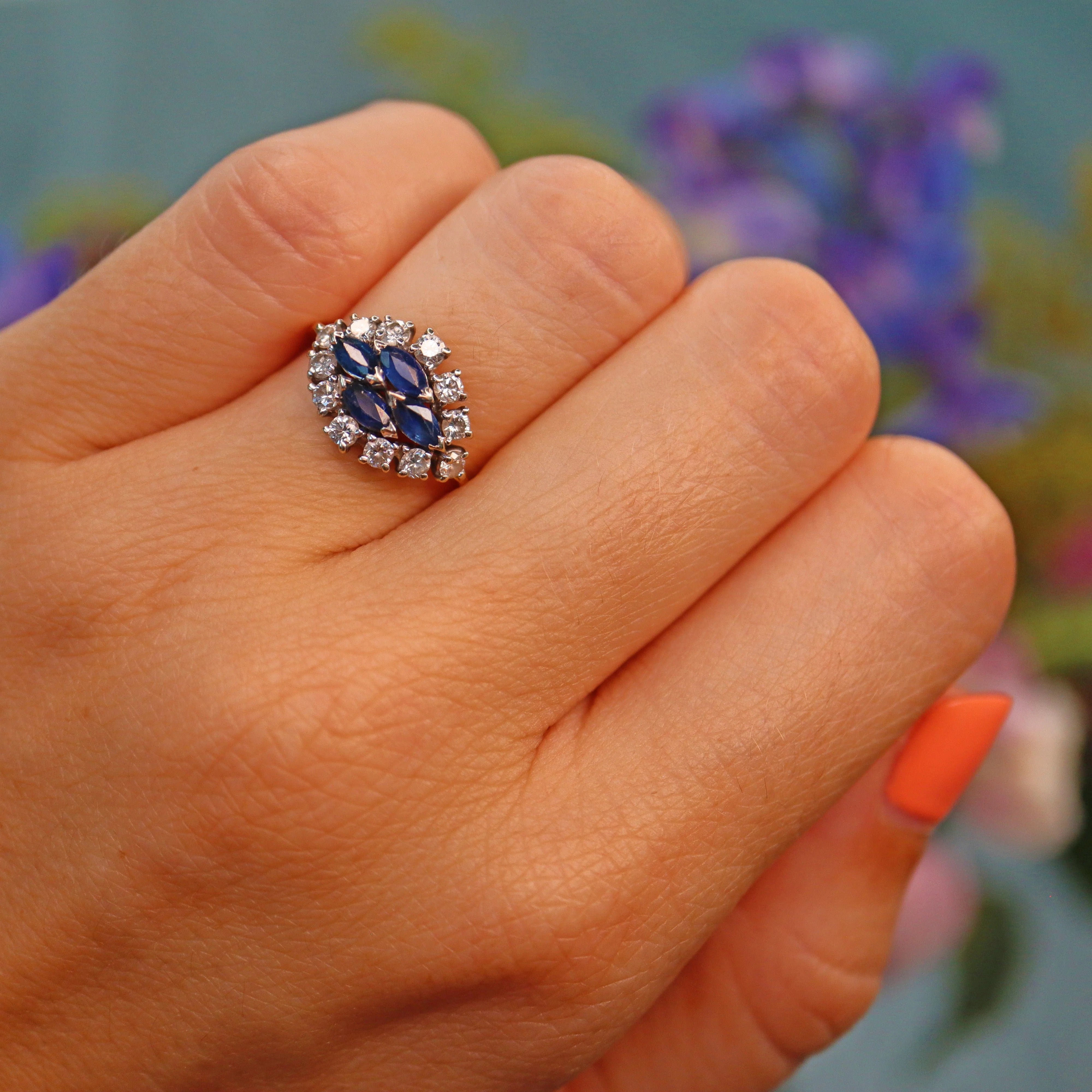Ellibelle Jewellery Vintage Sapphire & Diamond Boat-Shaped Cluster Ring