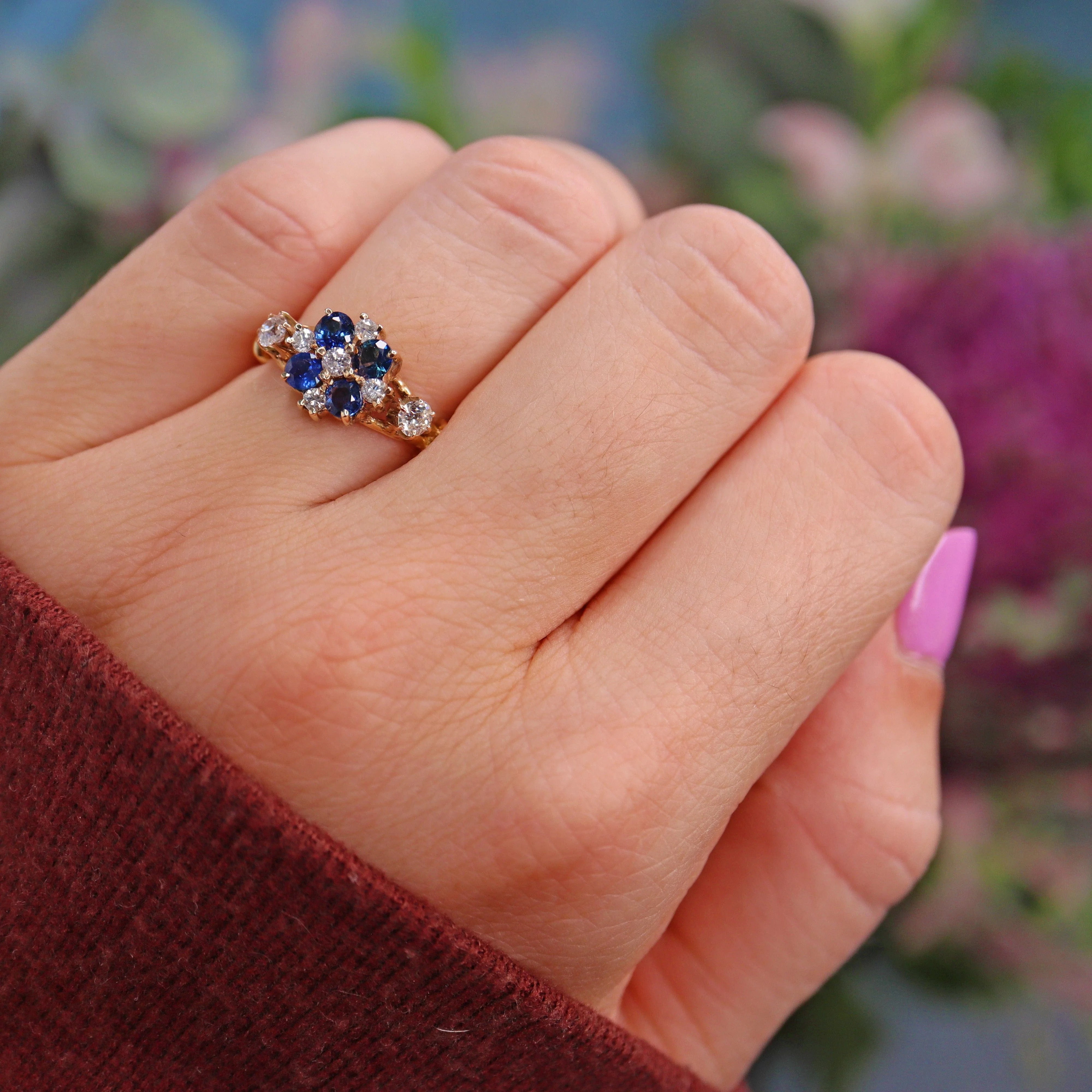 Vintage Blue Sapphire Diamond Gold Flower Cluster Ring