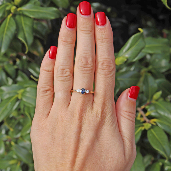Ellibelle Jewellery Vintage Sapphire & Diamond Three Stone Bezel Ring