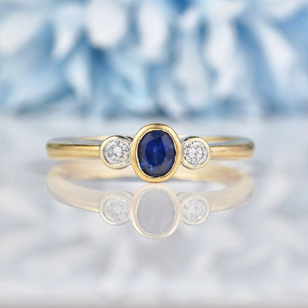 Ellibelle Jewellery Vintage Sapphire & Diamond Three Stone Bezel Ring