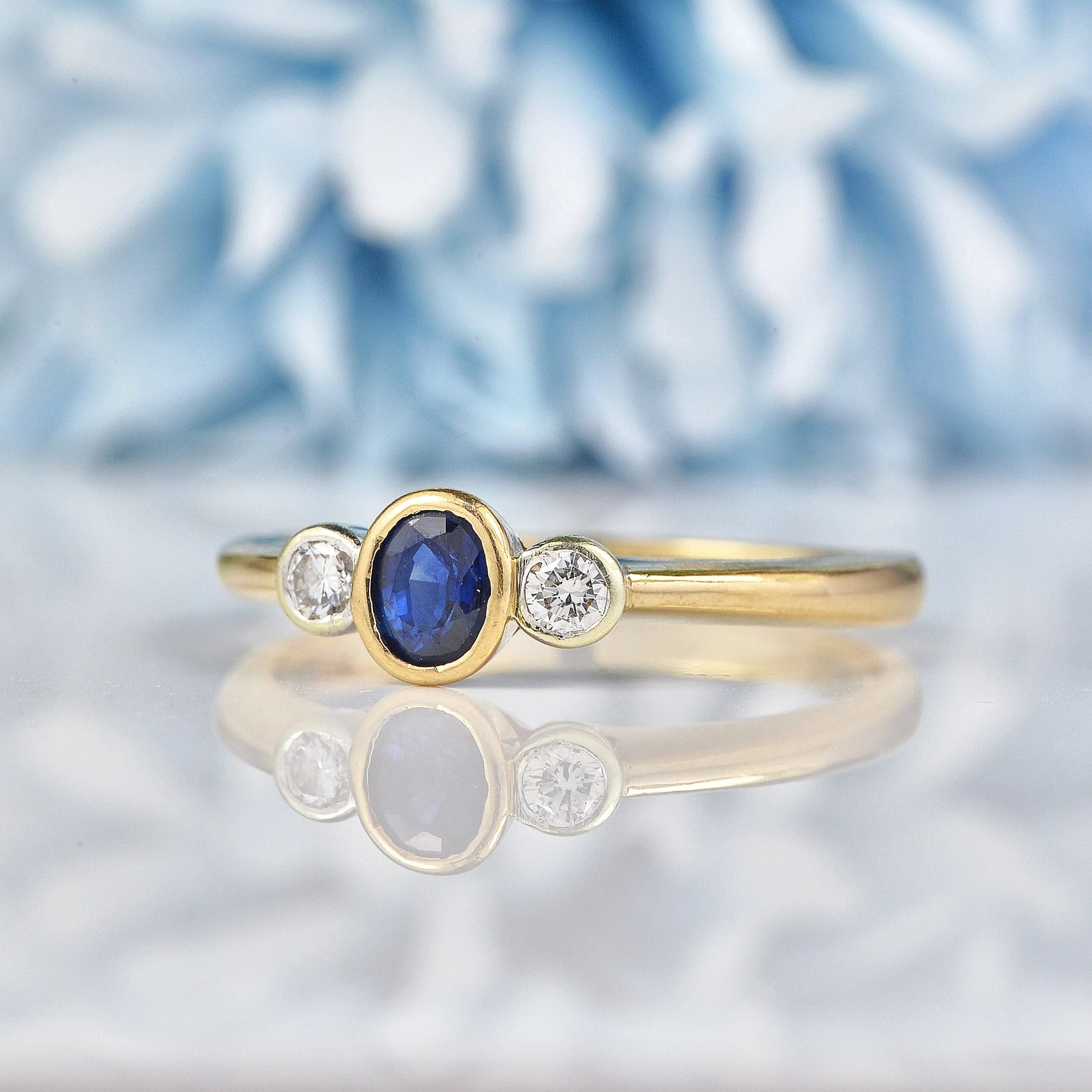 Ellibelle Jewellery Vintage Sapphire & Diamond Three Stone Bezel Ring