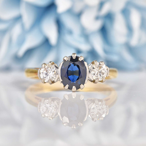 Ellibelle Jewellery Vintage Sapphire & Diamond Three Stone Trilogy Engagement Ring