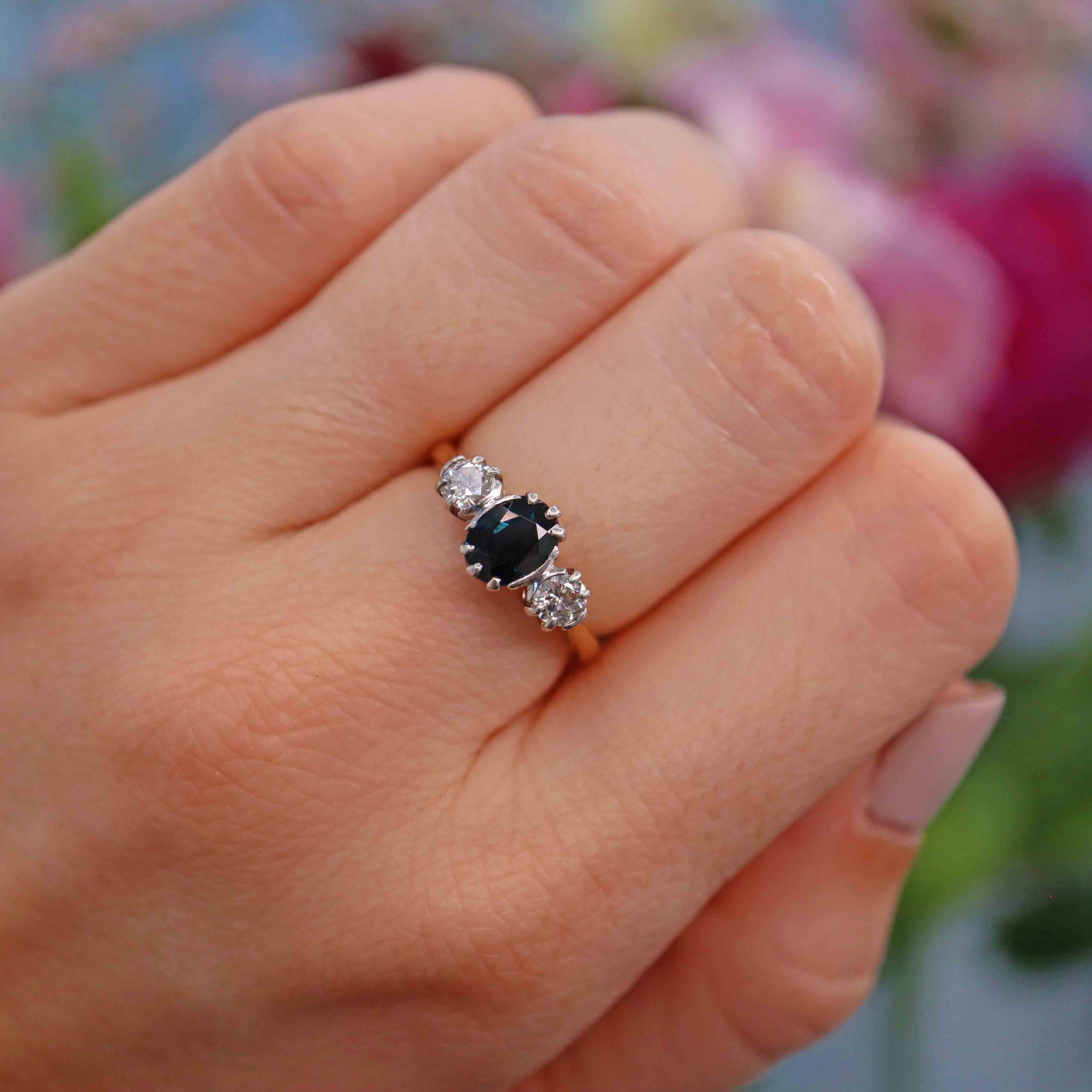 Ellibelle Jewellery Vintage Sapphire & Diamond Three Stone Trilogy Engagement Ring
