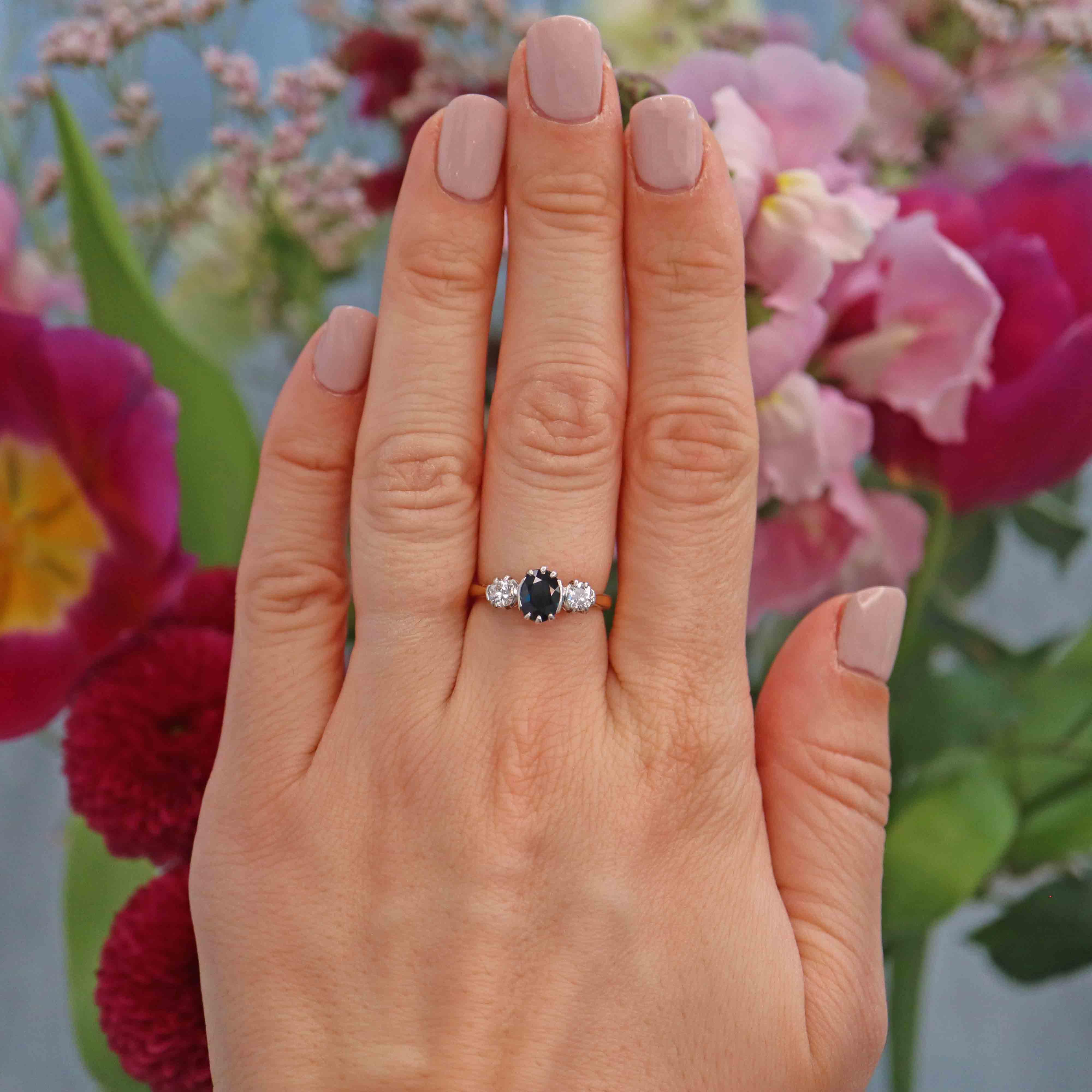 Vintage Sapphire Diamond Three Stone Trilogy Engagement Ring