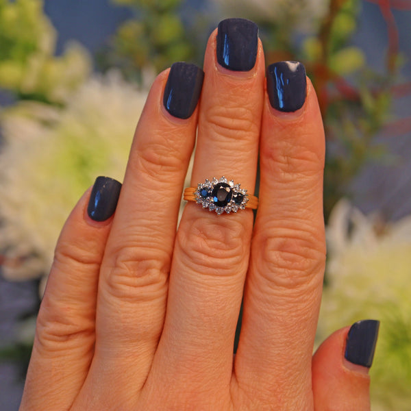 Ellibelle Jewellery VINTAGE SAPPHIRE & DIAMOND TRIPLE CLUSTER RING