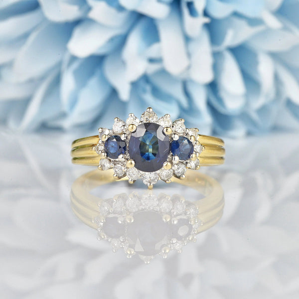 Ellibelle Jewellery VINTAGE SAPPHIRE & DIAMOND TRIPLE CLUSTER RING