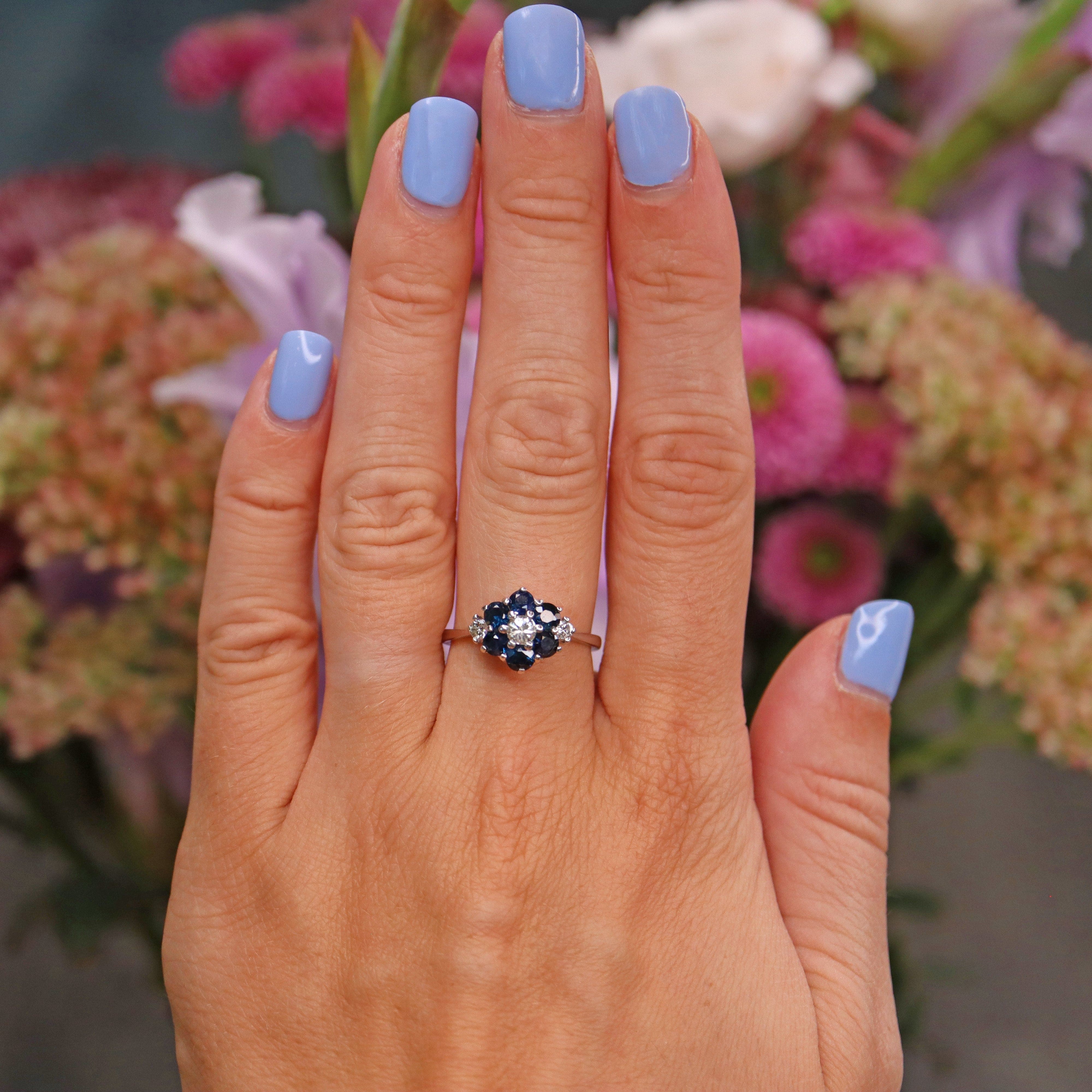Ellibelle Jewellery Vintage Sapphire & Diamond White Gold Daisy Ring