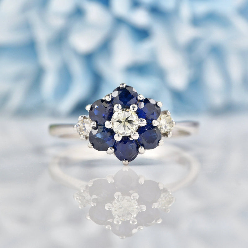 Ellibelle Jewellery Vintage Sapphire & Diamond White Gold Daisy Ring