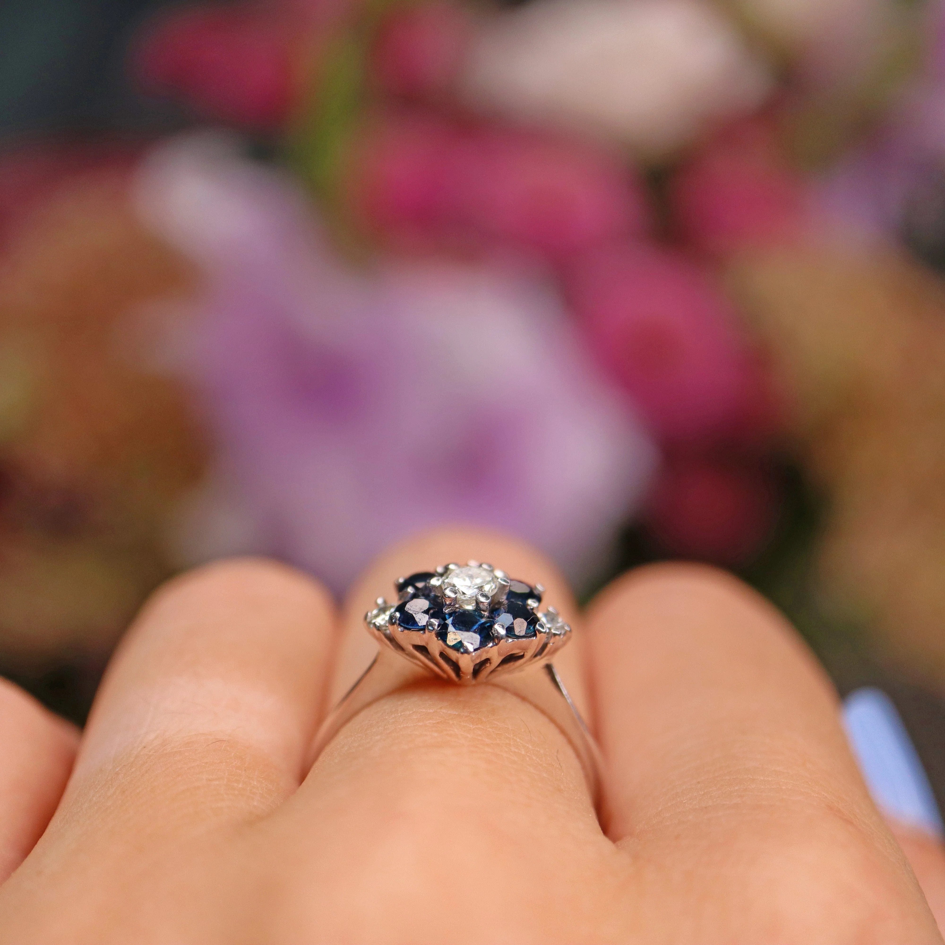 Ellibelle Jewellery Vintage Sapphire & Diamond White Gold Daisy Ring