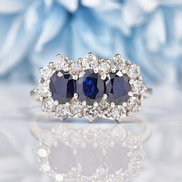 Ellibelle Jewellery Vintage Sapphire & Diamond White Gold Triple Cluster Ring