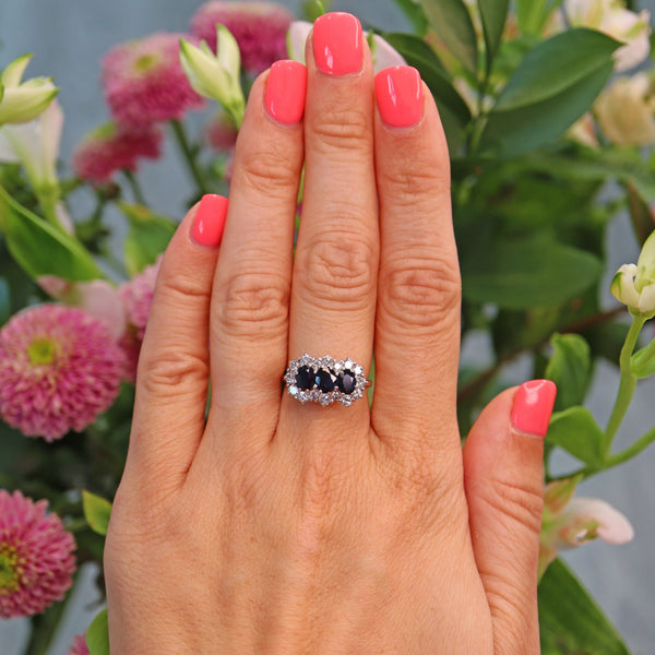 Ellibelle Jewellery Vintage Sapphire & Diamond White Gold Triple Cluster Ring