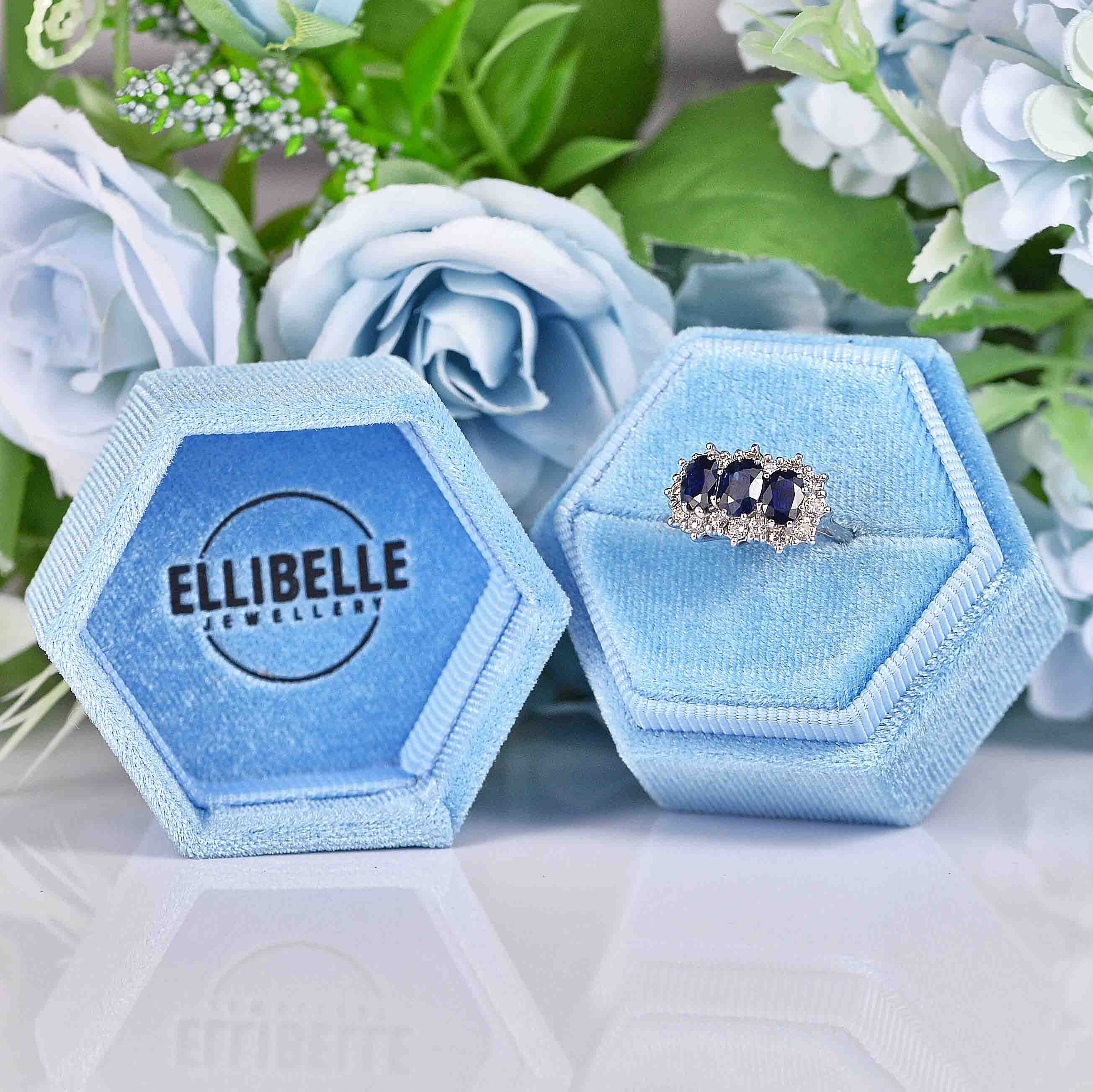Ellibelle Jewellery Vintage Sapphire & Diamond White Gold Triple Cluster Ring