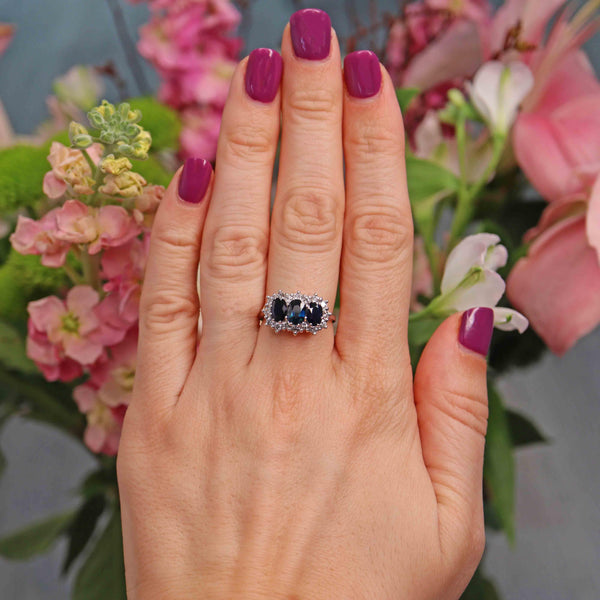Ellibelle Jewellery Vintage Sapphire & Diamond White Gold Triple Cluster Ring