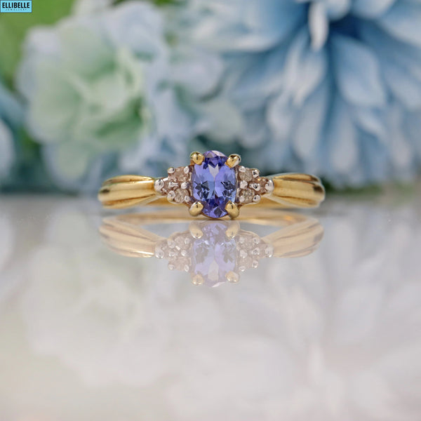 VINTAGE TANZANITE & DIAMOND 9CT GOLD RING