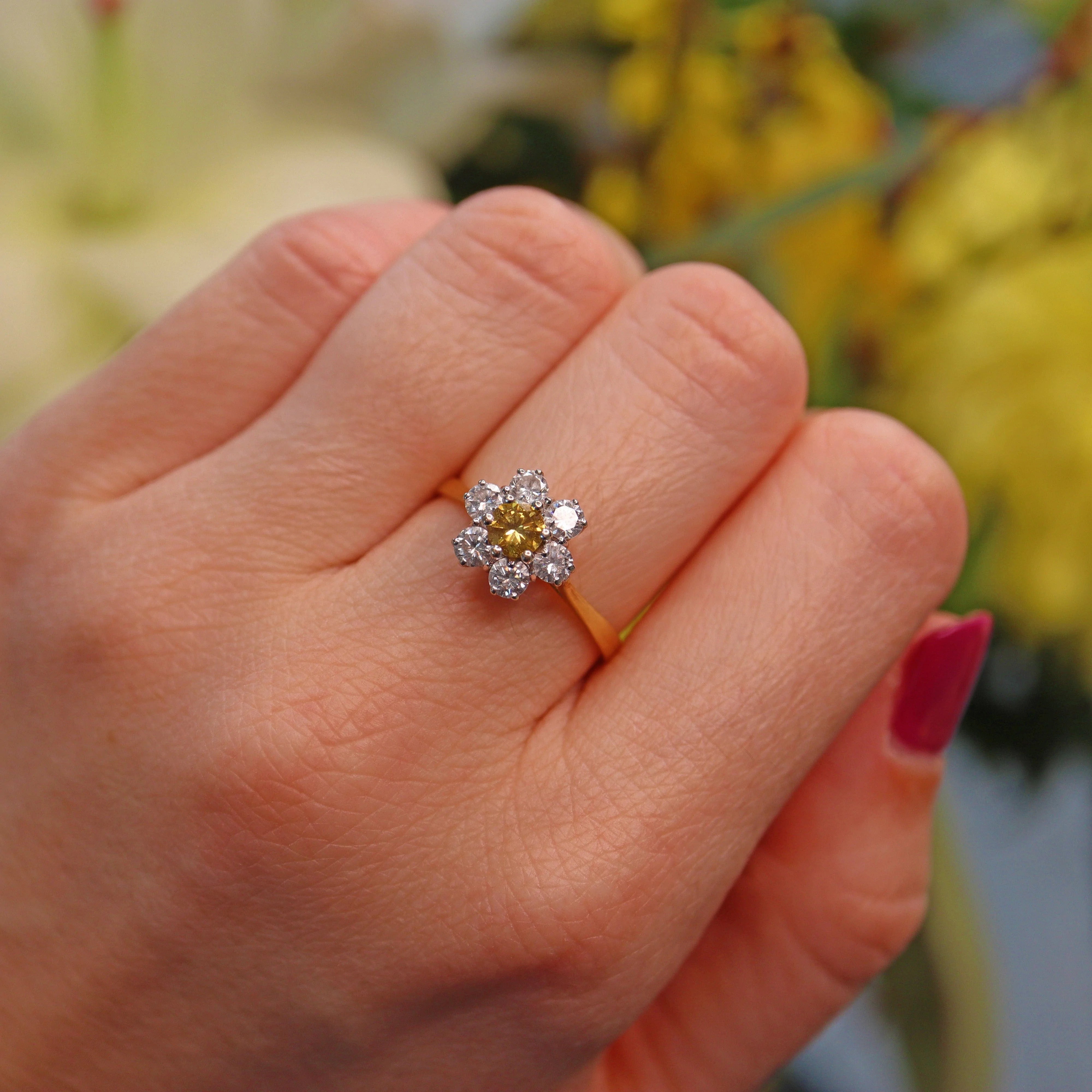 Ellibelle Jewellery Vintage Yellow Diamond 18ct Gold Daisy Cluster Ring
